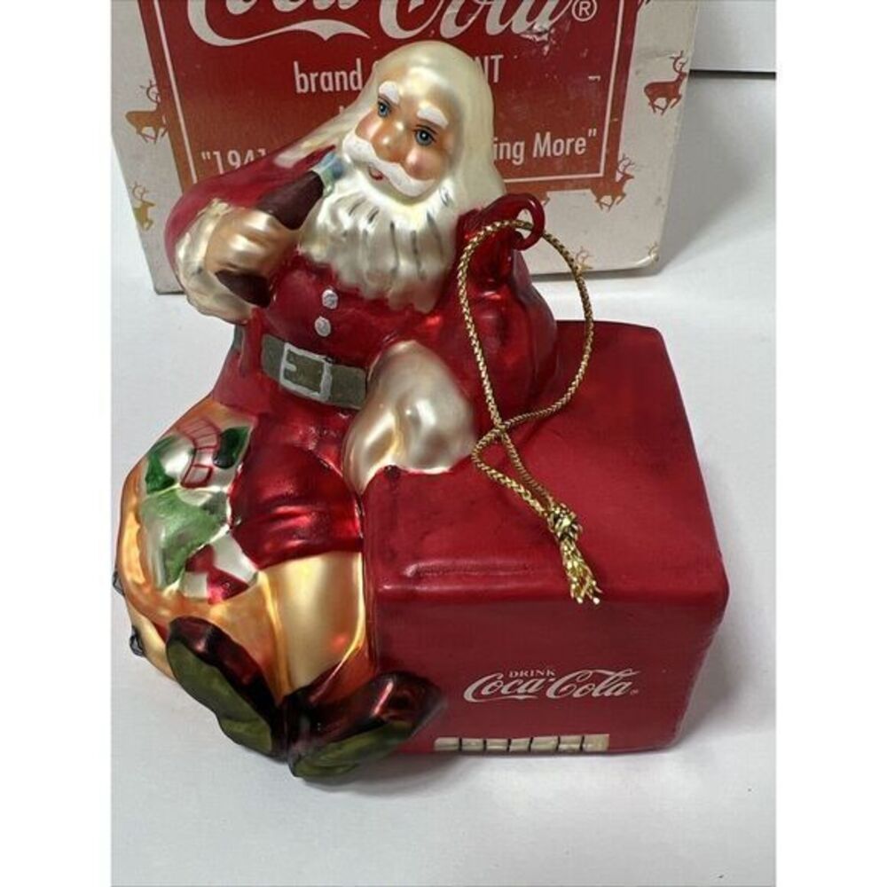 Coca Cola Blown Glass Christmas Ornament Santa Relaxing with Coke on Ice Chest
